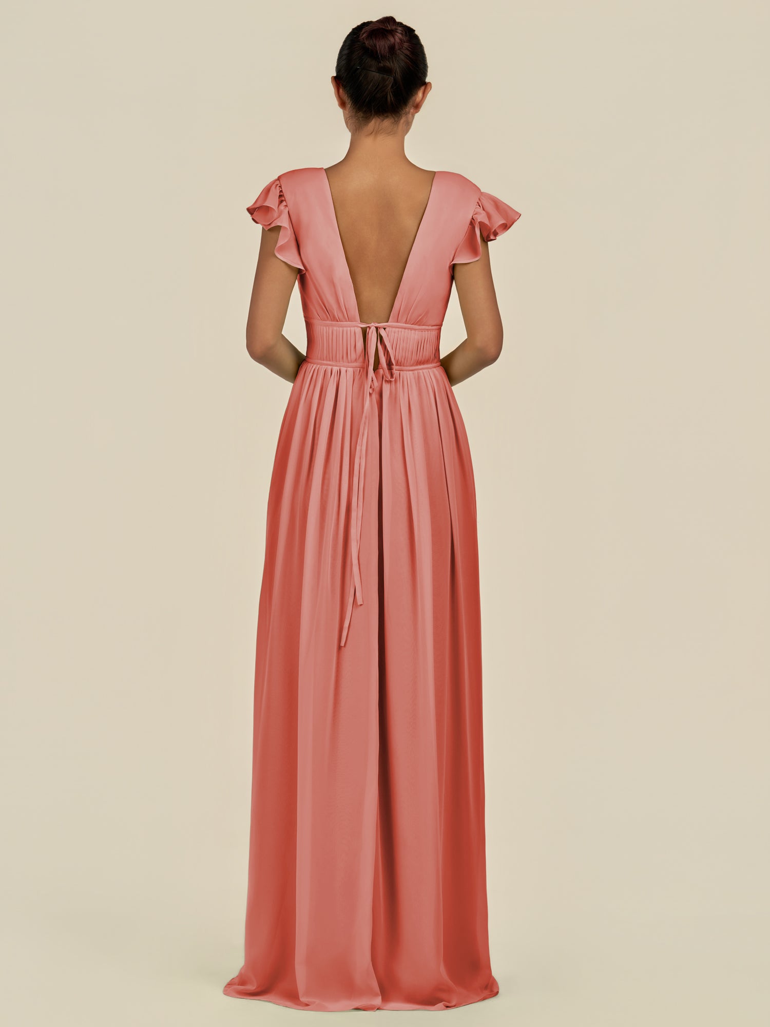 KissDress-Fienna Wild Rose A Line Chiffon Deep V Neck Long Bridesmaid Dress with Flutter Sleeves