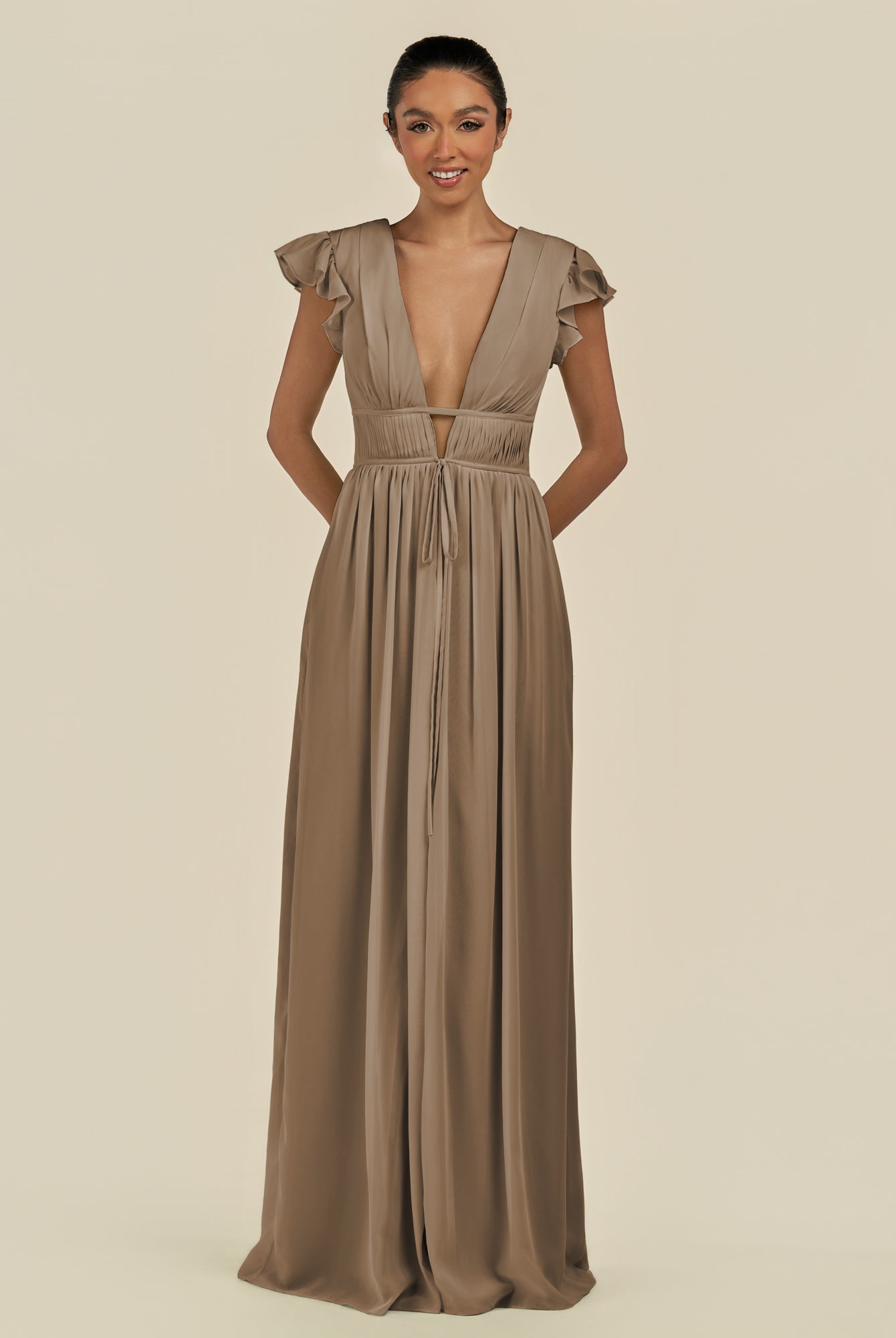 KissDress-Fienna Willow Green A Line Chiffon Deep V Neck Long Bridesmaid Dress with Flutter Sleeves