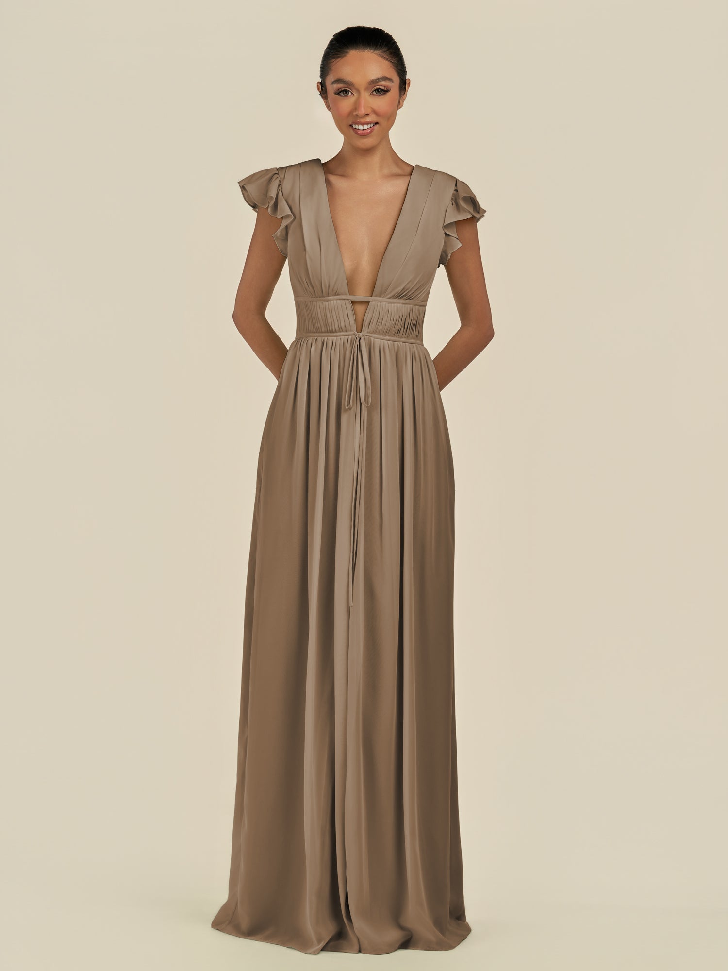 KissDress-Fienna Willow Green A Line Chiffon Deep V Neck Long Bridesmaid Dress with Flutter Sleeves