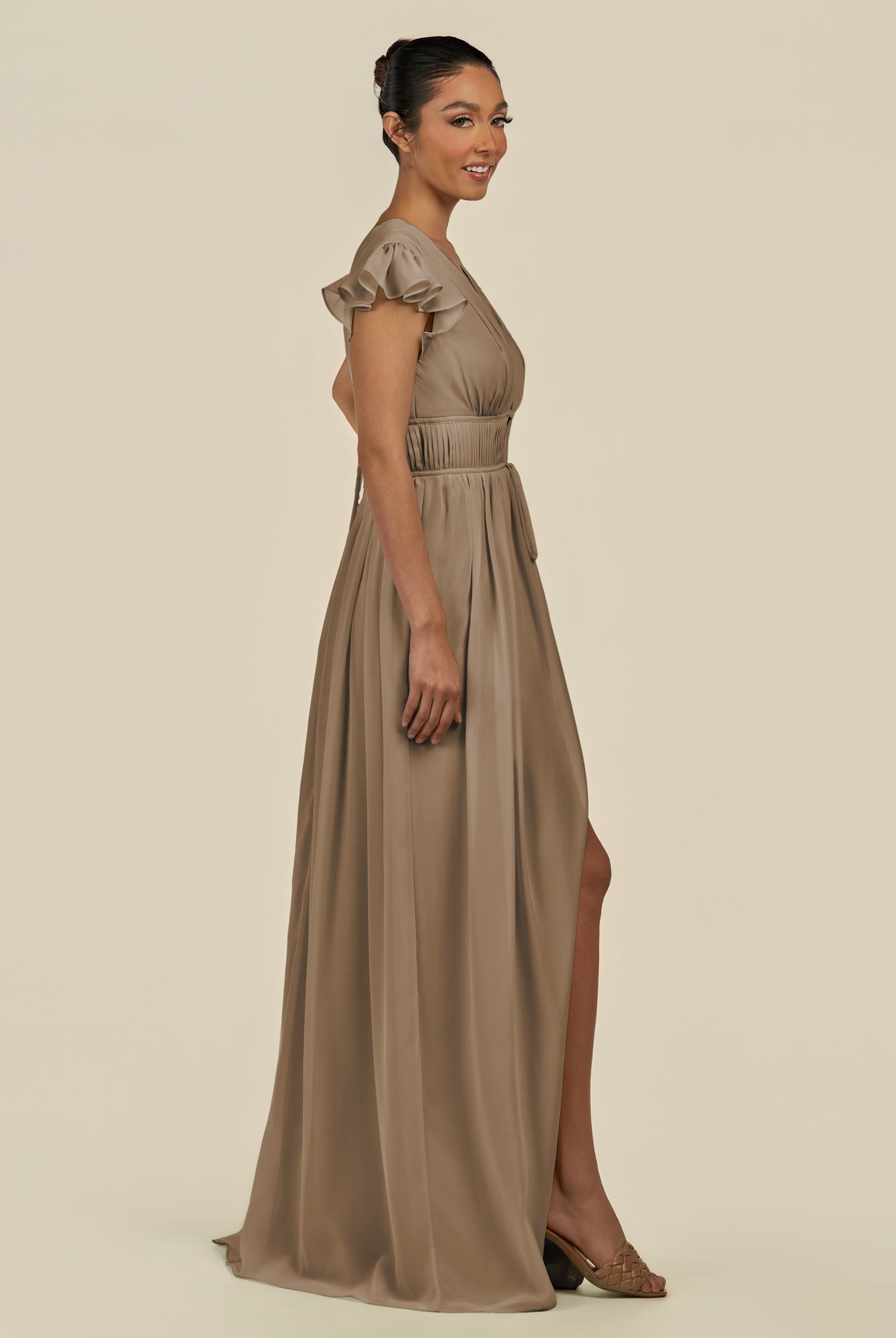 KissDress-Fienna Willow Green A Line Chiffon Deep V Neck Long Bridesmaid Dress with Flutter Sleeves