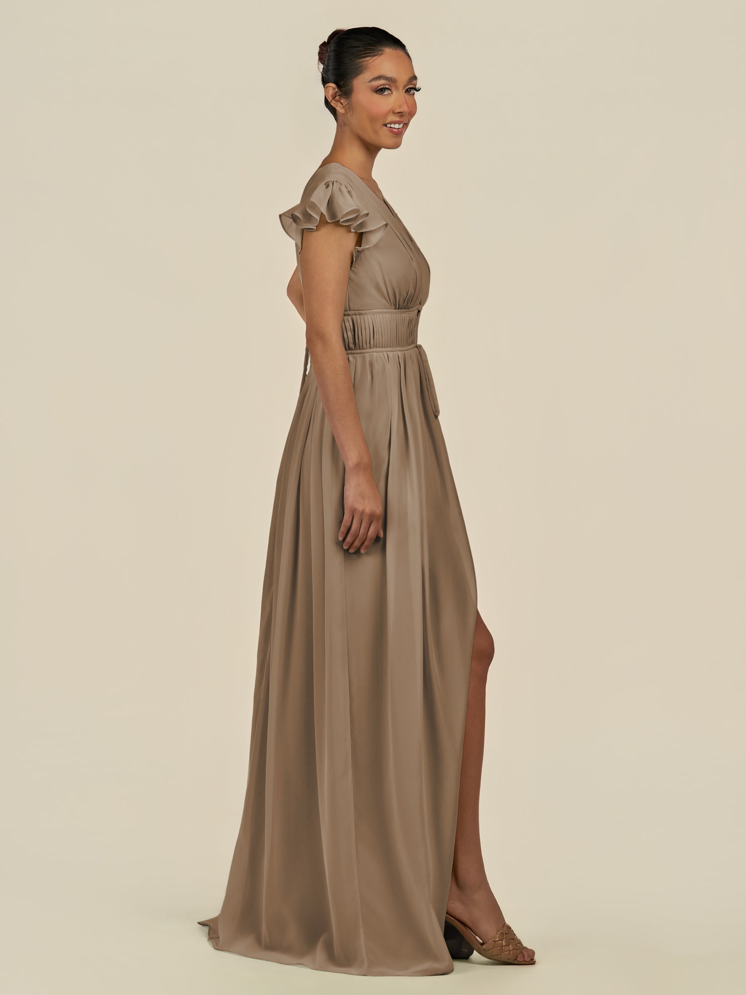 KissDress-Fienna Willow Green A Line Chiffon Deep V Neck Long Bridesmaid Dress with Flutter Sleeves