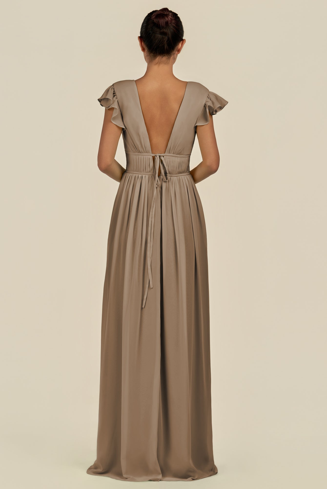 KissDress-Fienna Willow Green A Line Chiffon Deep V Neck Long Bridesmaid Dress with Flutter Sleeves
