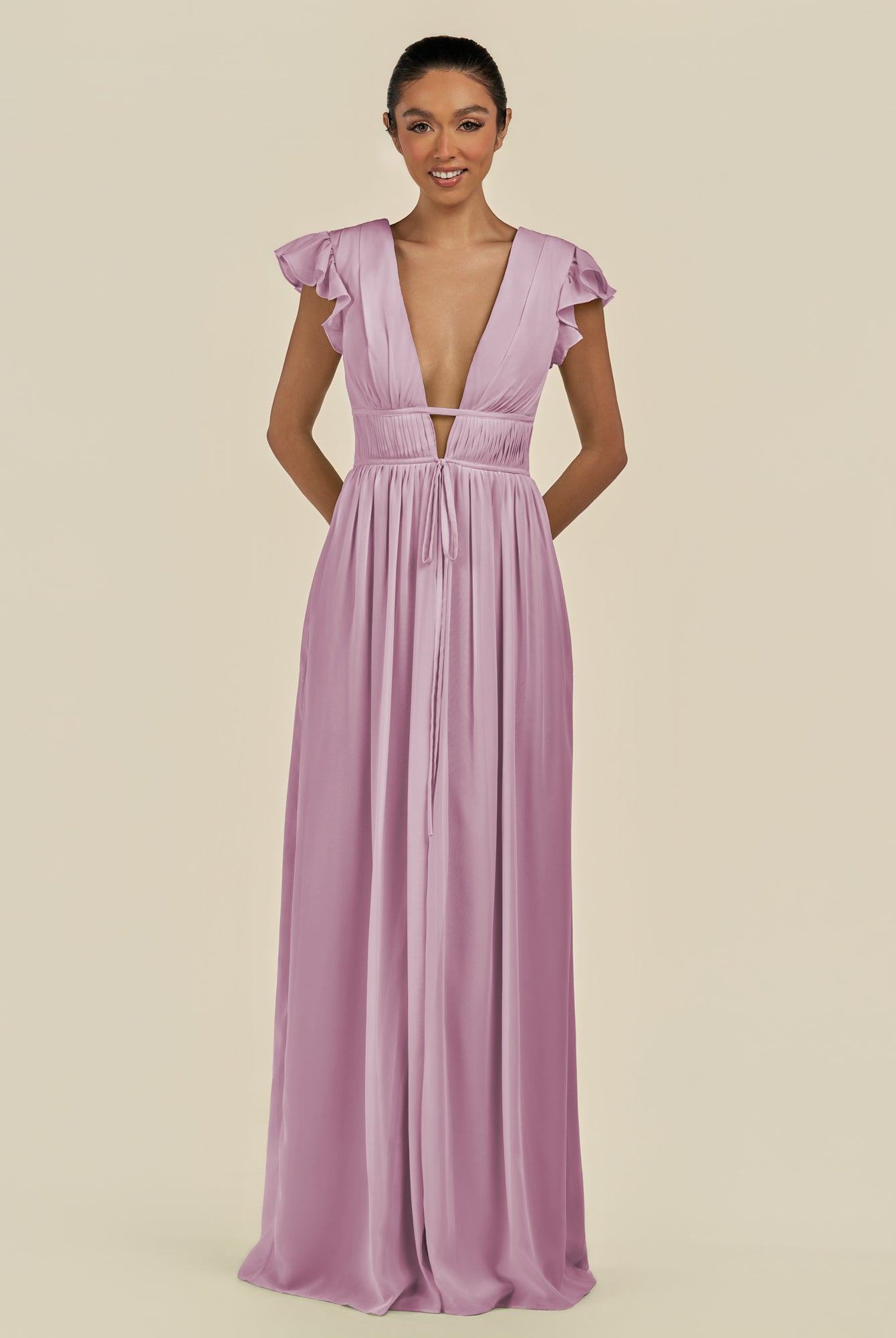KissDress-Fienna Wisteria A Line Chiffon Deep V Neck Long Bridesmaid Dress with Flutter Sleeves