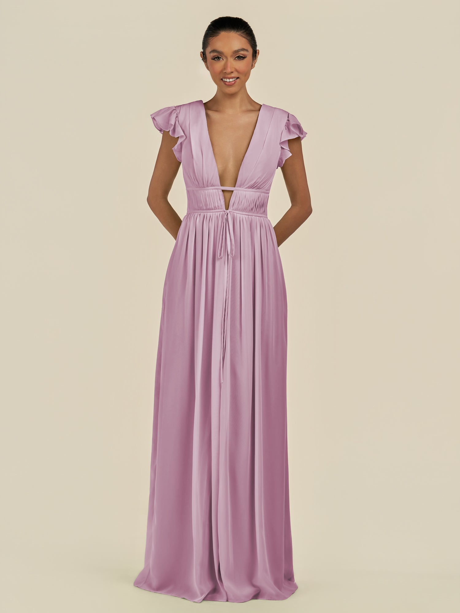 KissDress-Fienna Wisteria A Line Chiffon Deep V Neck Long Bridesmaid Dress with Flutter Sleeves