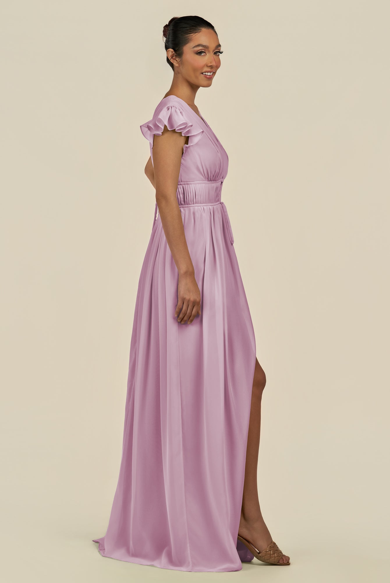KissDress-Fienna Wisteria A Line Chiffon Deep V Neck Long Bridesmaid Dress with Flutter Sleeves