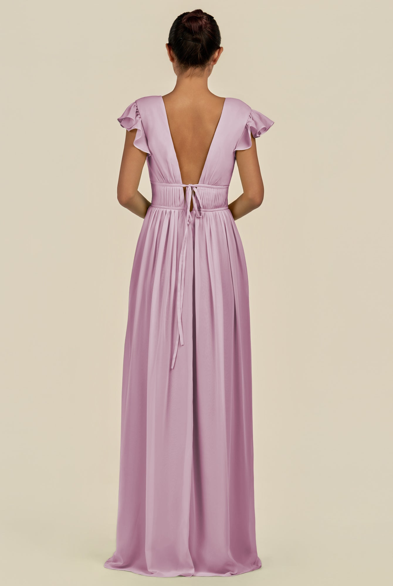 KissDress-Fienna Wisteria A Line Chiffon Deep V Neck Long Bridesmaid Dress with Flutter Sleeves