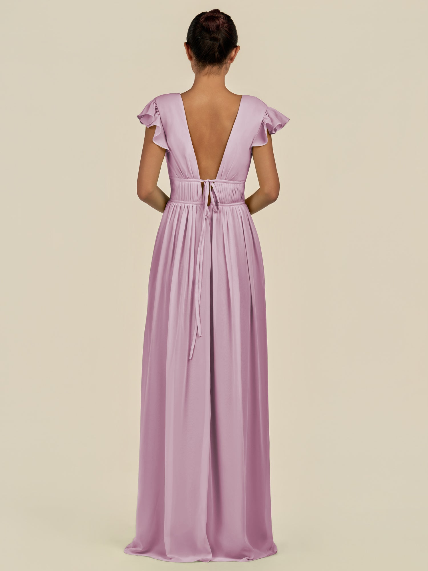 KissDress-Fienna Wisteria A Line Chiffon Deep V Neck Long Bridesmaid Dress with Flutter Sleeves