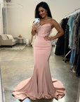 Mermaid Strapless Blush Pink Satin Bridesmaid Dresses Long Party Dresses