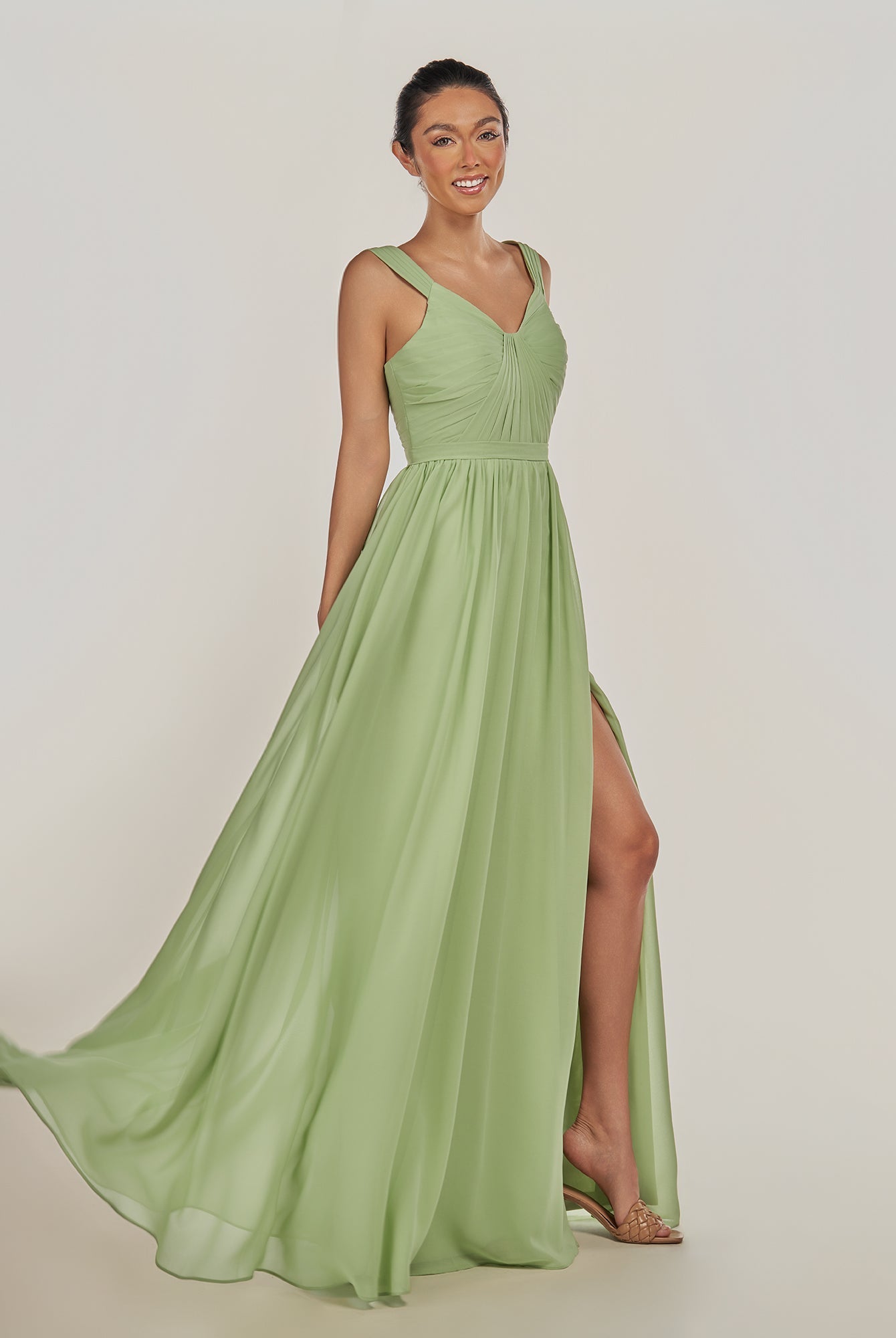 KissDress-Fira Almond A Line Chiffon V Neck Pleated Long Bridesmaid Dress with Slit