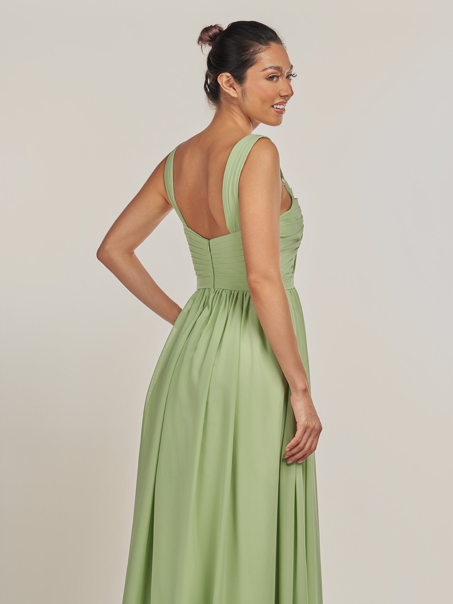 KissDress-Fira Almond A Line Chiffon V Neck Pleated Long Bridesmaid Dress with Slit