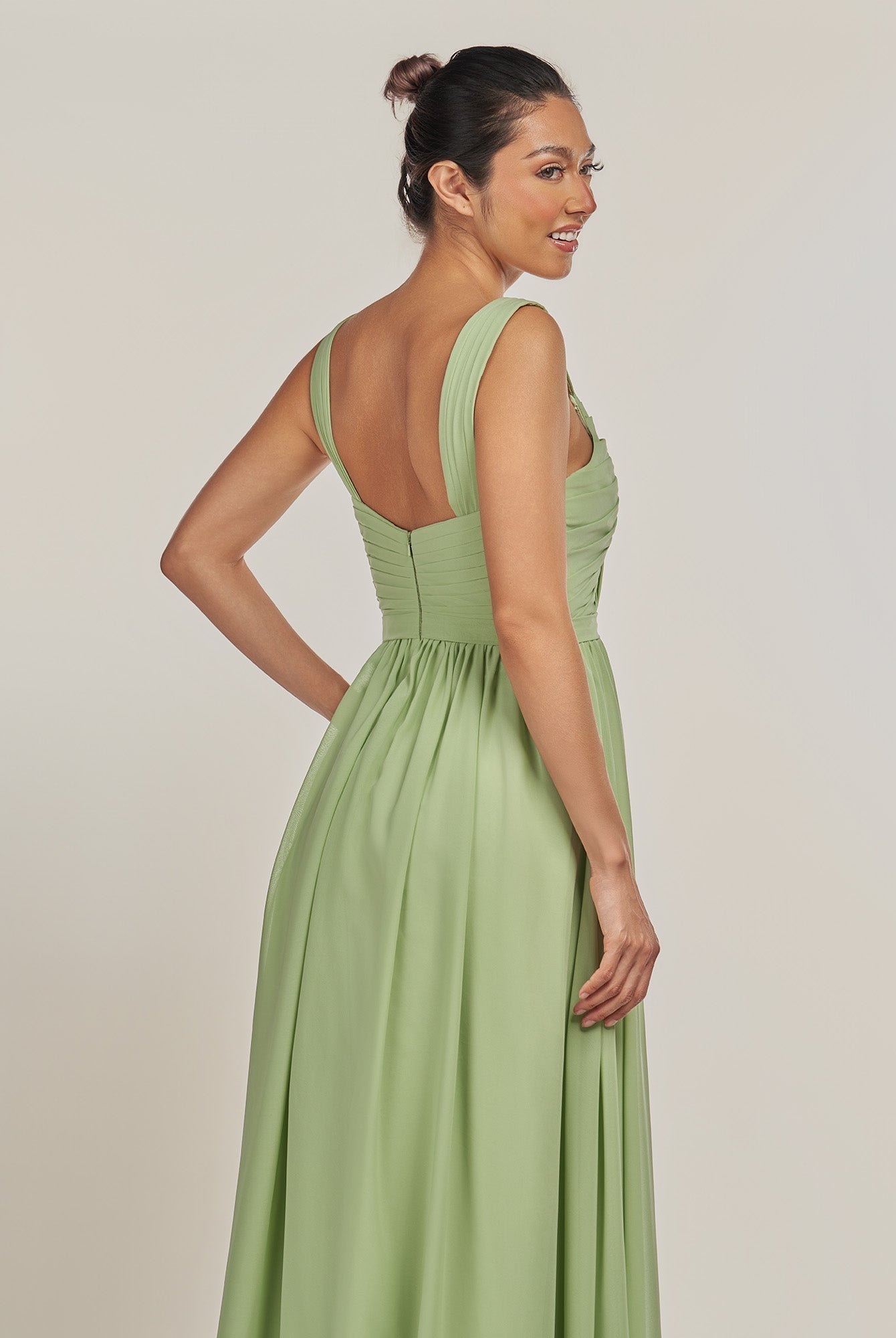 KissDress-Fira Champagne A Line Chiffon V Neck Pleated Long Bridesmaid Dress with Slit