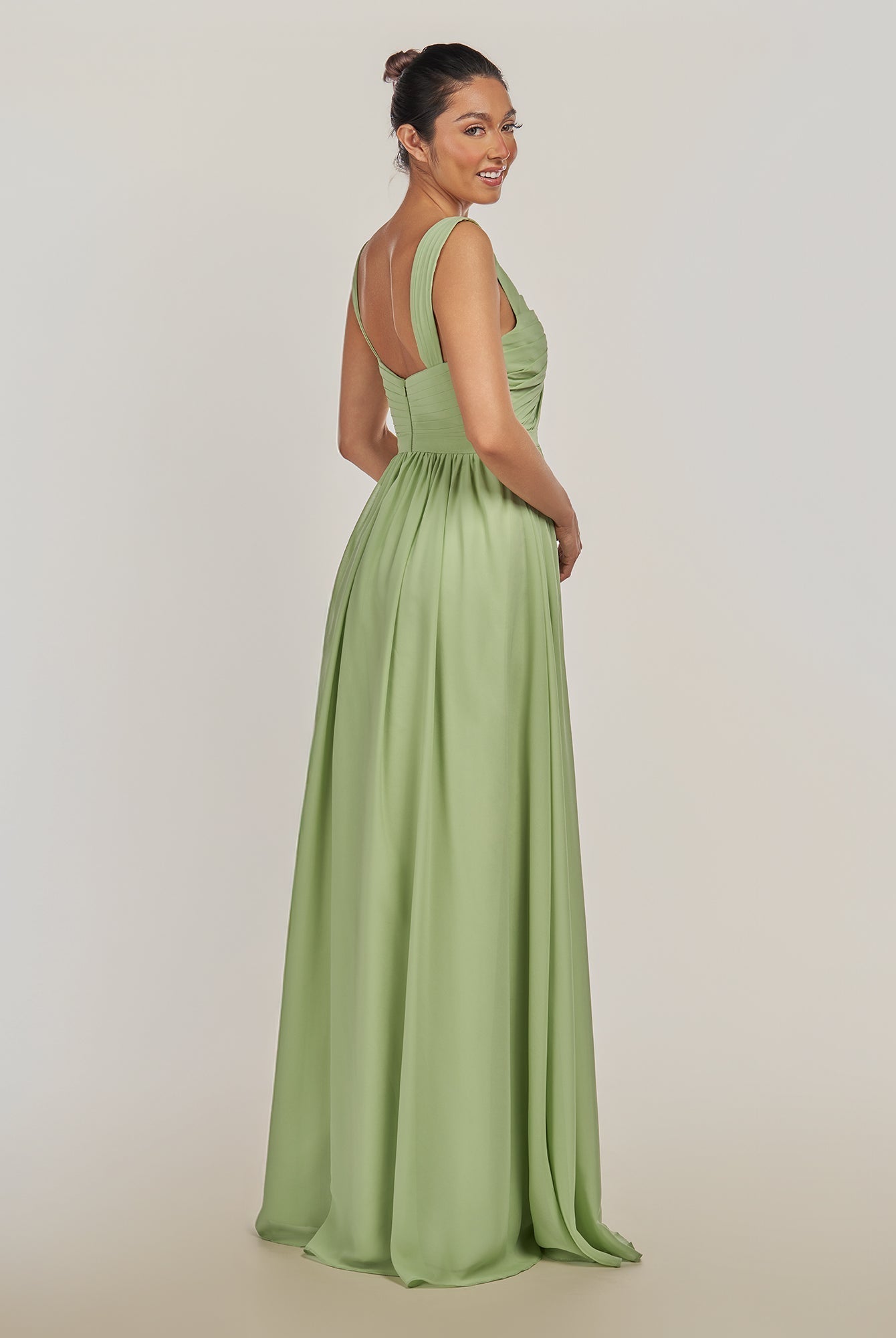 KissDress-Fira Almond A Line Chiffon V Neck Pleated Long Bridesmaid Dress with Slit