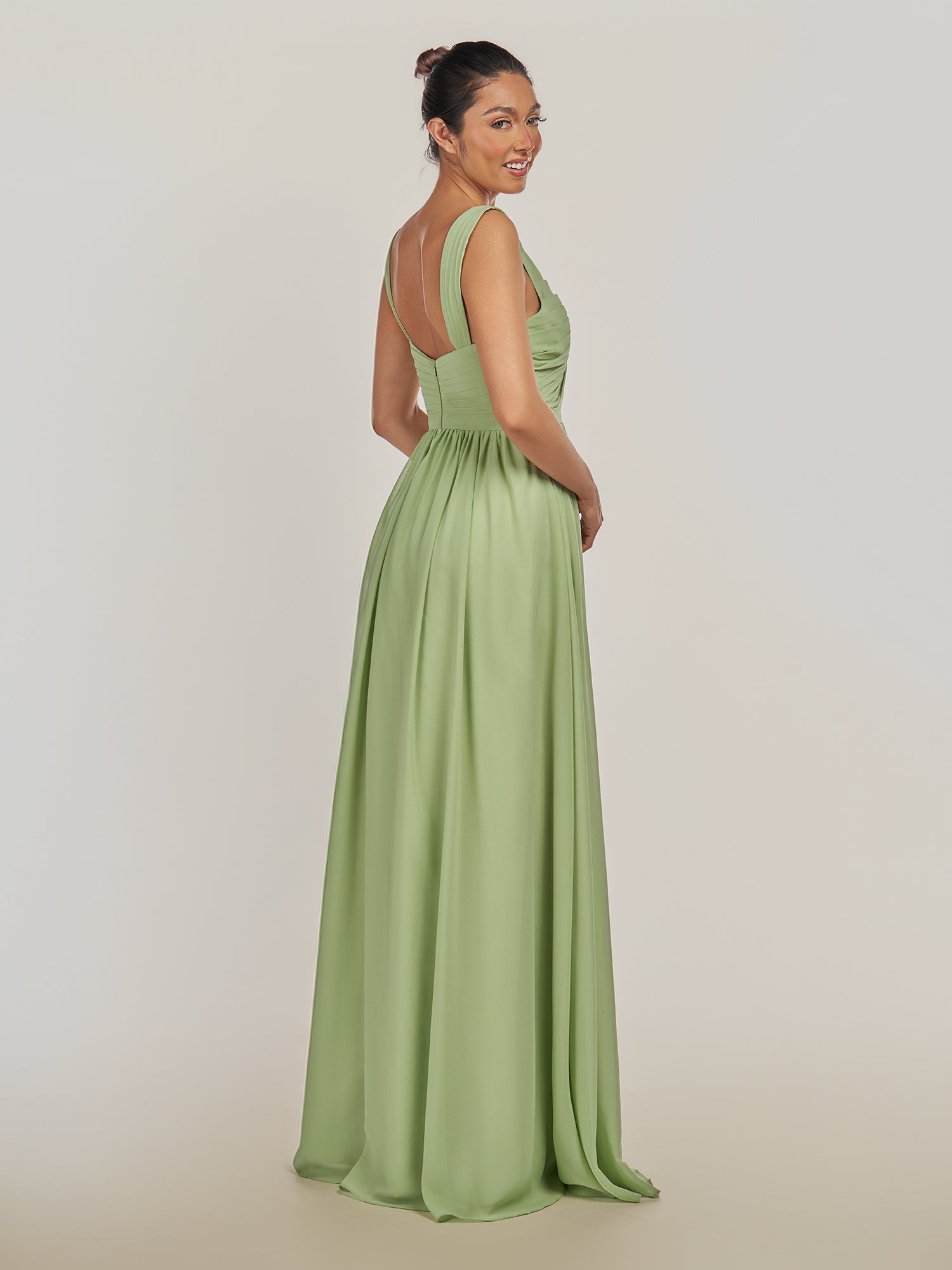 KissDress-Fira Matcha A Line Chiffon V Neck Pleated Long Bridesmaid Dress with Slit