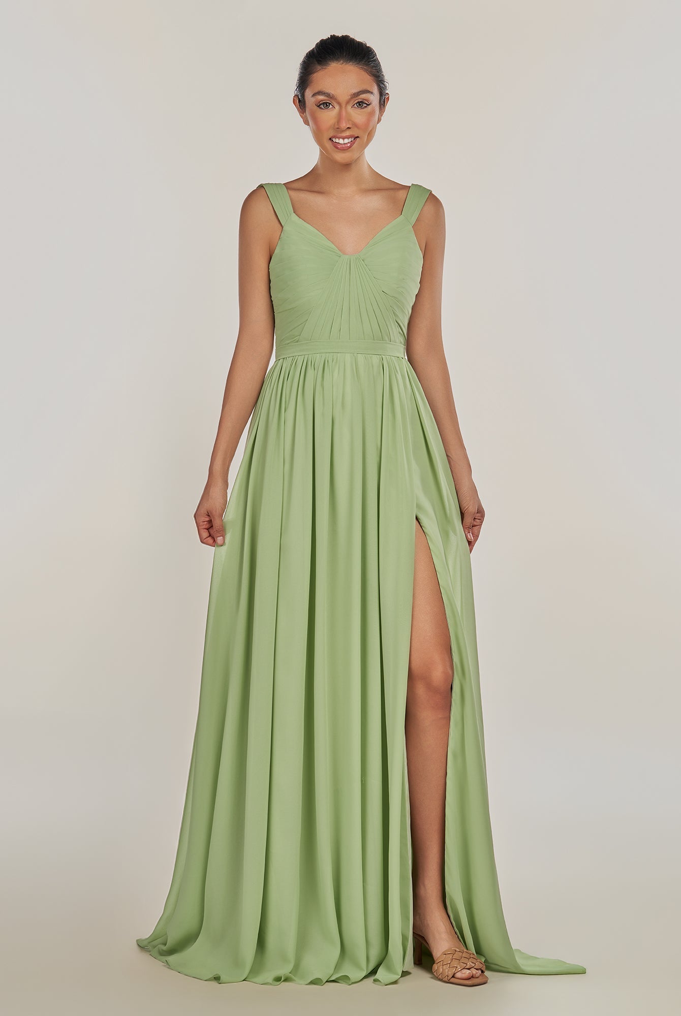 KissDress-Fira Matcha A Line Chiffon V Neck Pleated Long Bridesmaid Dress with Slit