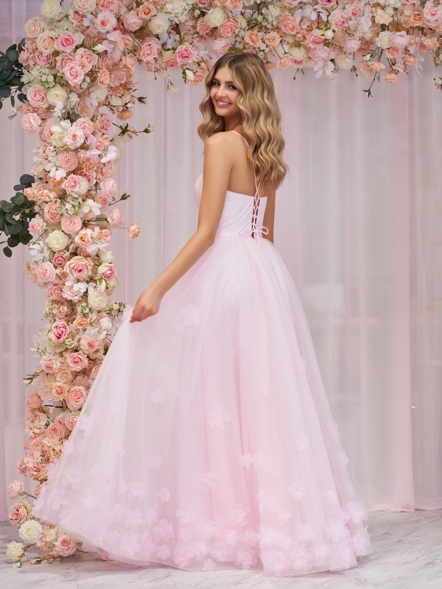 Pink A-line Spaghetti Straps Tulle Prom Dress