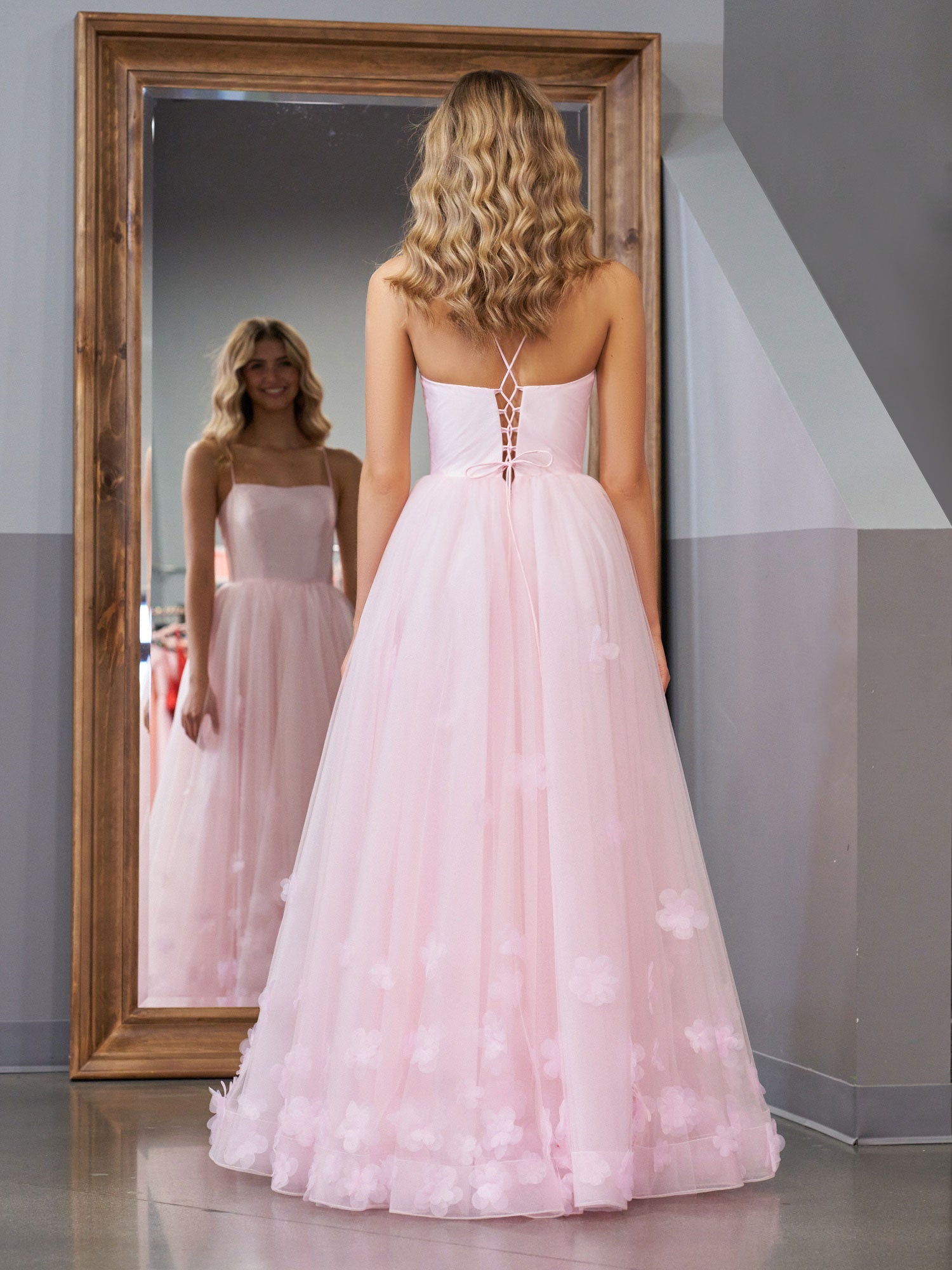 Pink A-line Spaghetti Straps Tulle Prom Dress