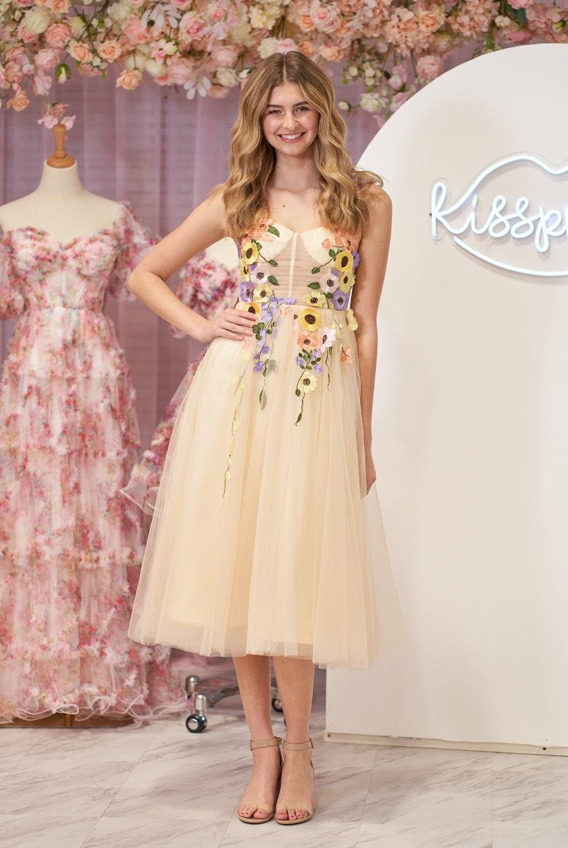 3D Flower Tulle Tea Length Prom Dresses - KissProm
