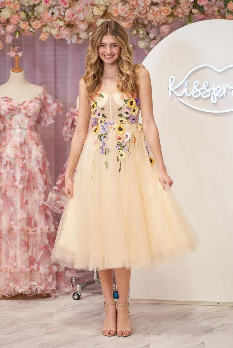 3D Flower Tulle Tea Length Prom Dresses - KissProm