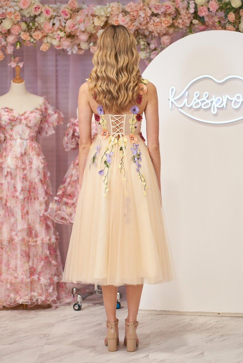 3D Flower Tulle Tea Length Prom Dresses - KissProm