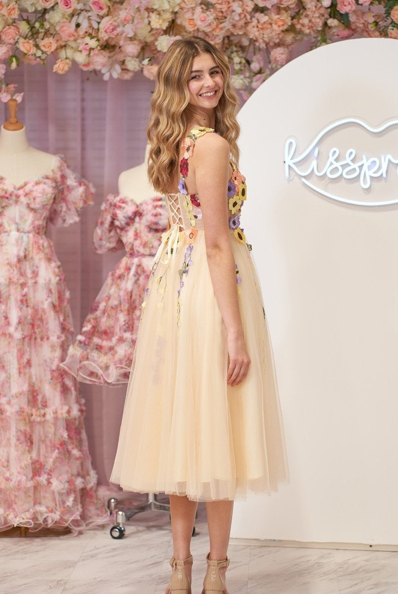 3D Flower Tulle Tea Length Prom Dresses - KissProm