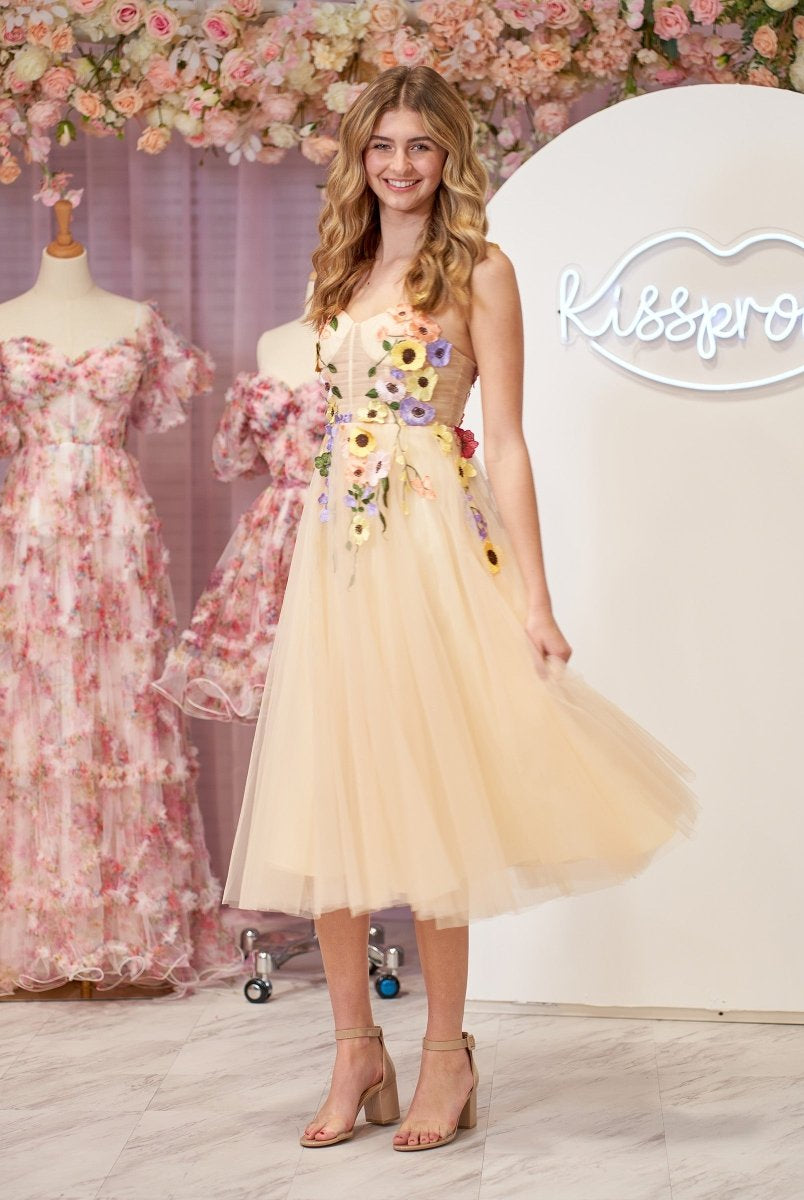3D Flower Tulle Tea Length Prom Dresses - KissProm