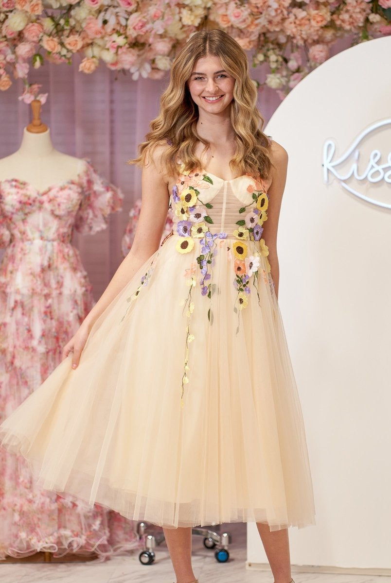 3D Flower Tulle Tea Length Prom Dresses - KissProm