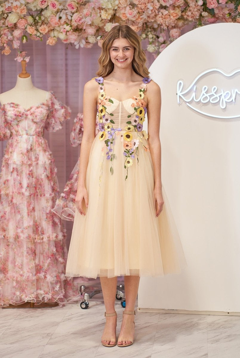 3D Flower Tulle Tea Length Prom Dresses - KissProm