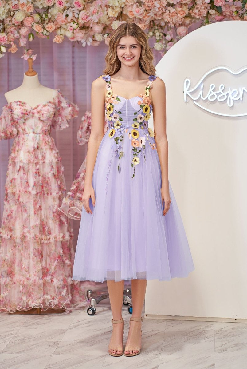 3D Flower Tulle Tea Length Prom Dresses - KissProm