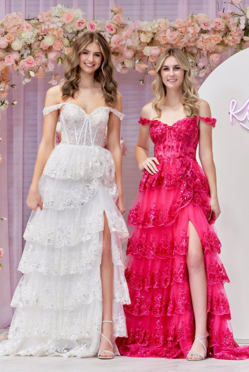 Fuchsia Princess A Line Off the Shoulder Corset Prom Dress with Lace Ruffles - KissProm