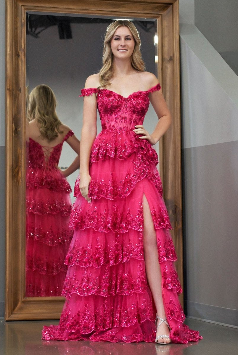 Fuchsia Princess A Line Off the Shoulder Corset Prom Dress with Lace Ruffles - KissProm