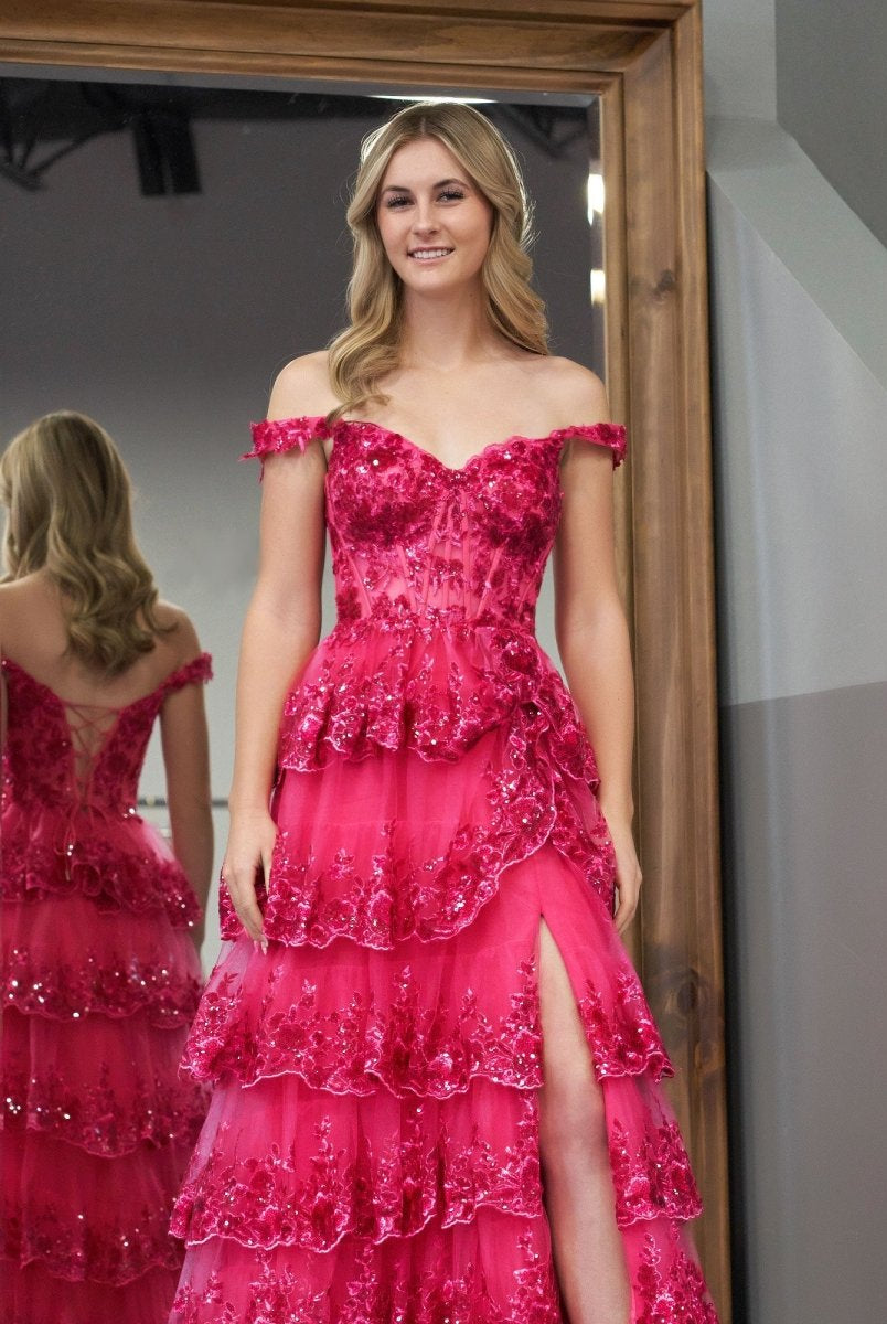 Fuchsia Princess A Line Off the Shoulder Corset Prom Dress with Lace Ruffles - KissProm