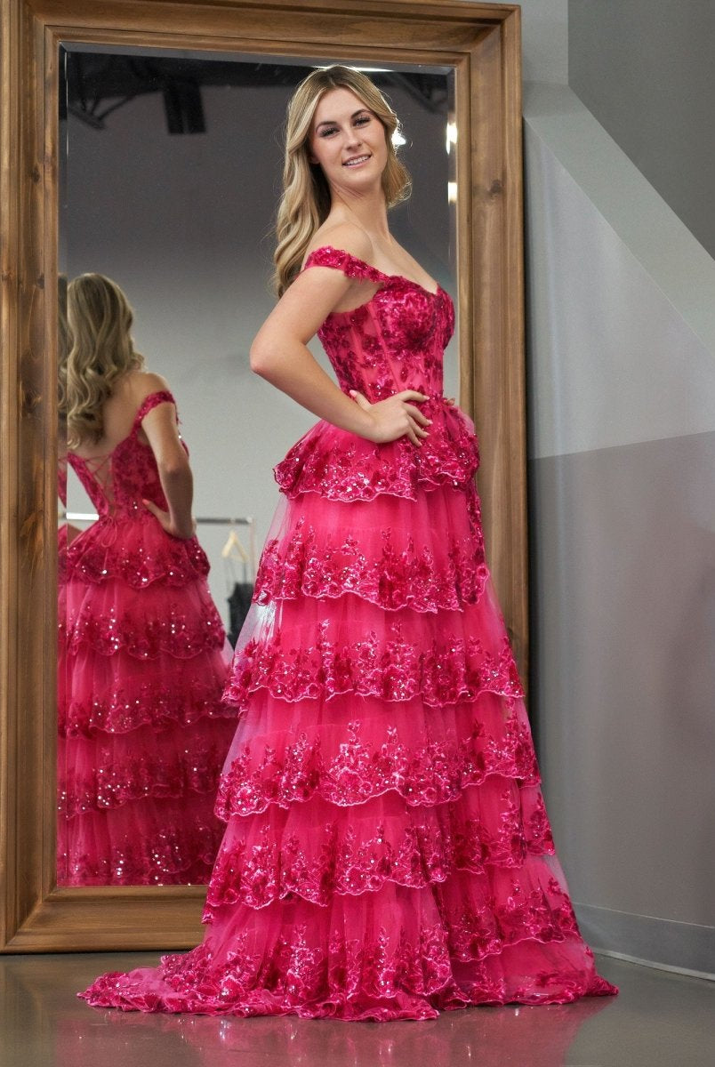 Fuchsia Princess A Line Off the Shoulder Corset Prom Dress with Lace Ruffles - KissProm