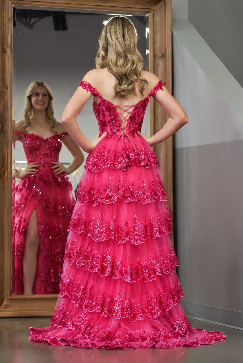 Fuchsia Princess A Line Off the Shoulder Corset Prom Dress with Lace Ruffles - KissProm