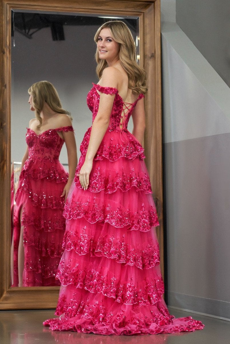 Fuchsia Princess A Line Off the Shoulder Corset Prom Dress with Lace Ruffles - KissProm