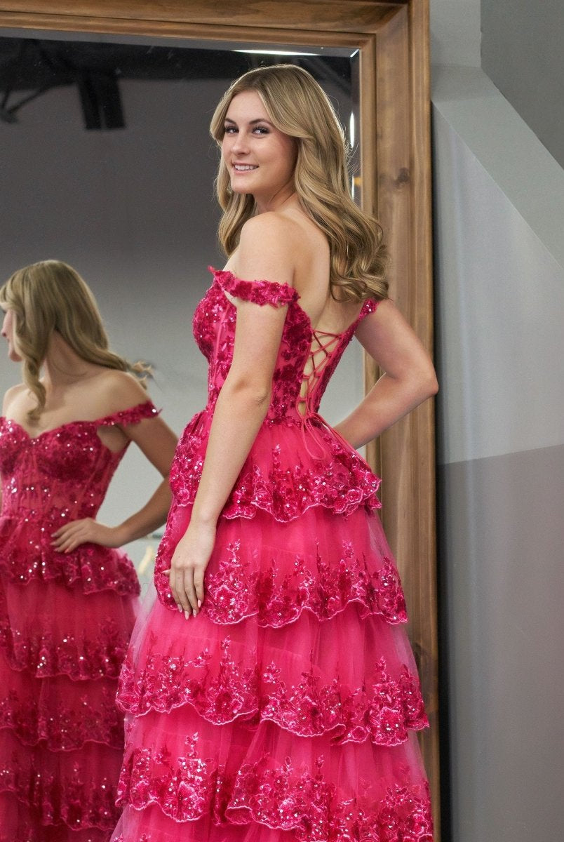 Fuchsia Princess A Line Off the Shoulder Corset Prom Dress with Lace Ruffles - KissProm