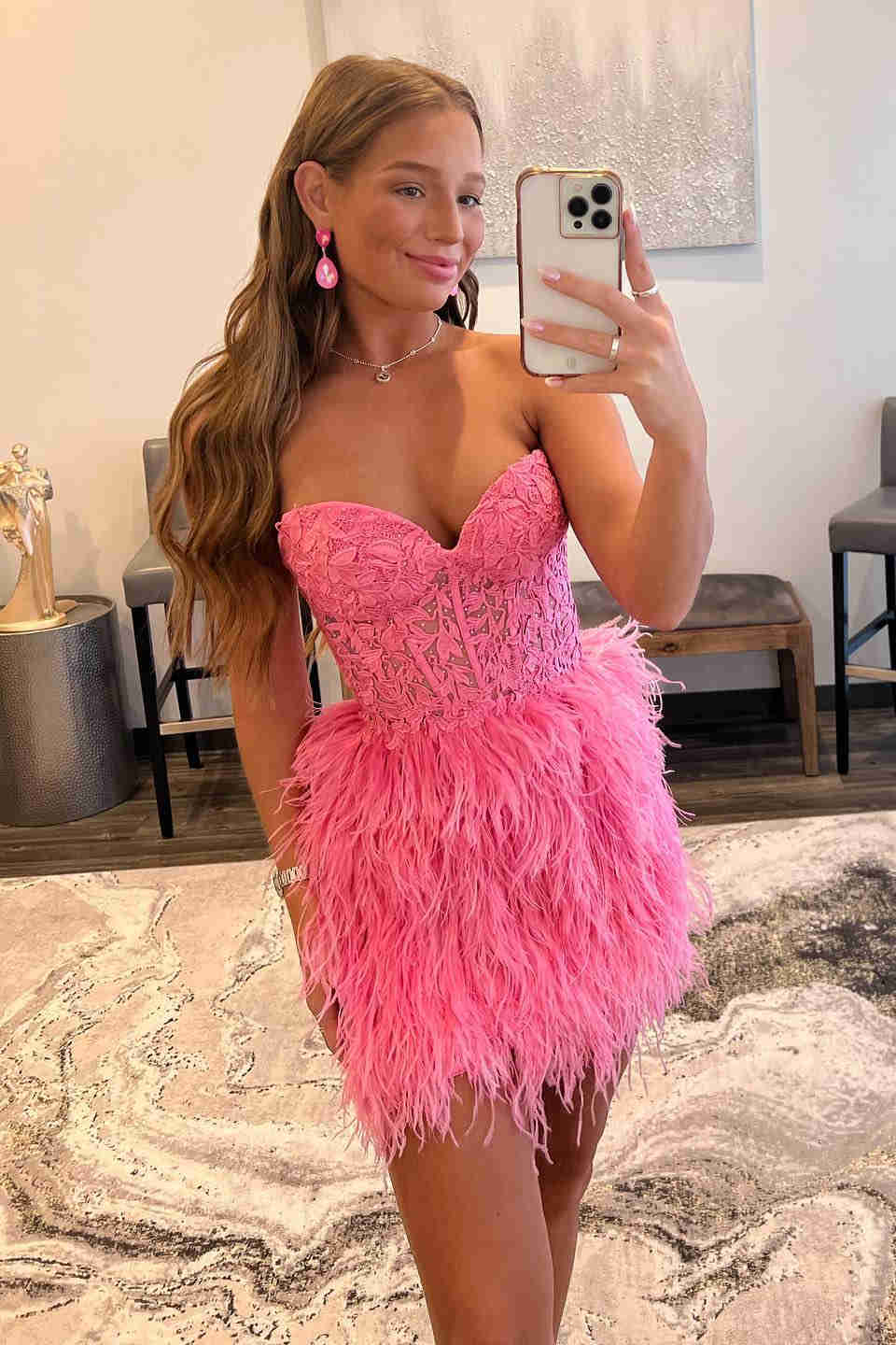 Sheath Sweetheart Lace Feather Skirt Homecoming Dress
