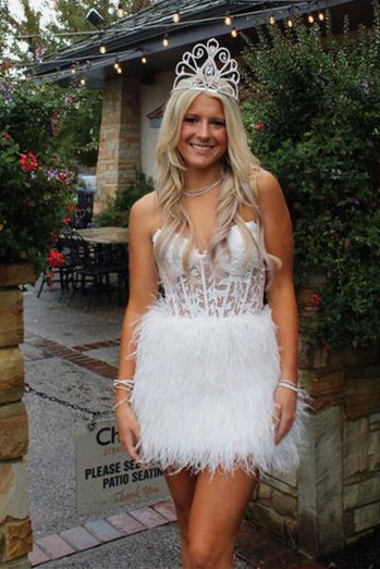 Sheath Sweetheart Lace Feather Skirt Homecoming Dress