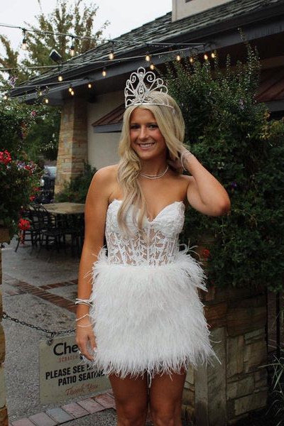 Sheath Sweetheart Lace Feather Skirt Homecoming Dress