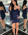 Sweetheart Navy Blue Lace Corset Bodycon Homecoming Dress