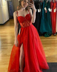 Glitter Red Straos Beaded A-Line Formal Dress with Slit
