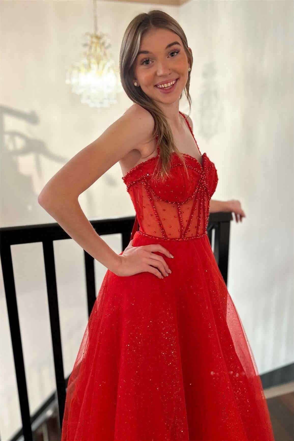 Glitter Red Straos Beaded A-Line Formal Dress with Slit
