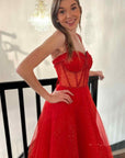 Glitter Red Straos Beaded A-Line Formal Dress with Slit