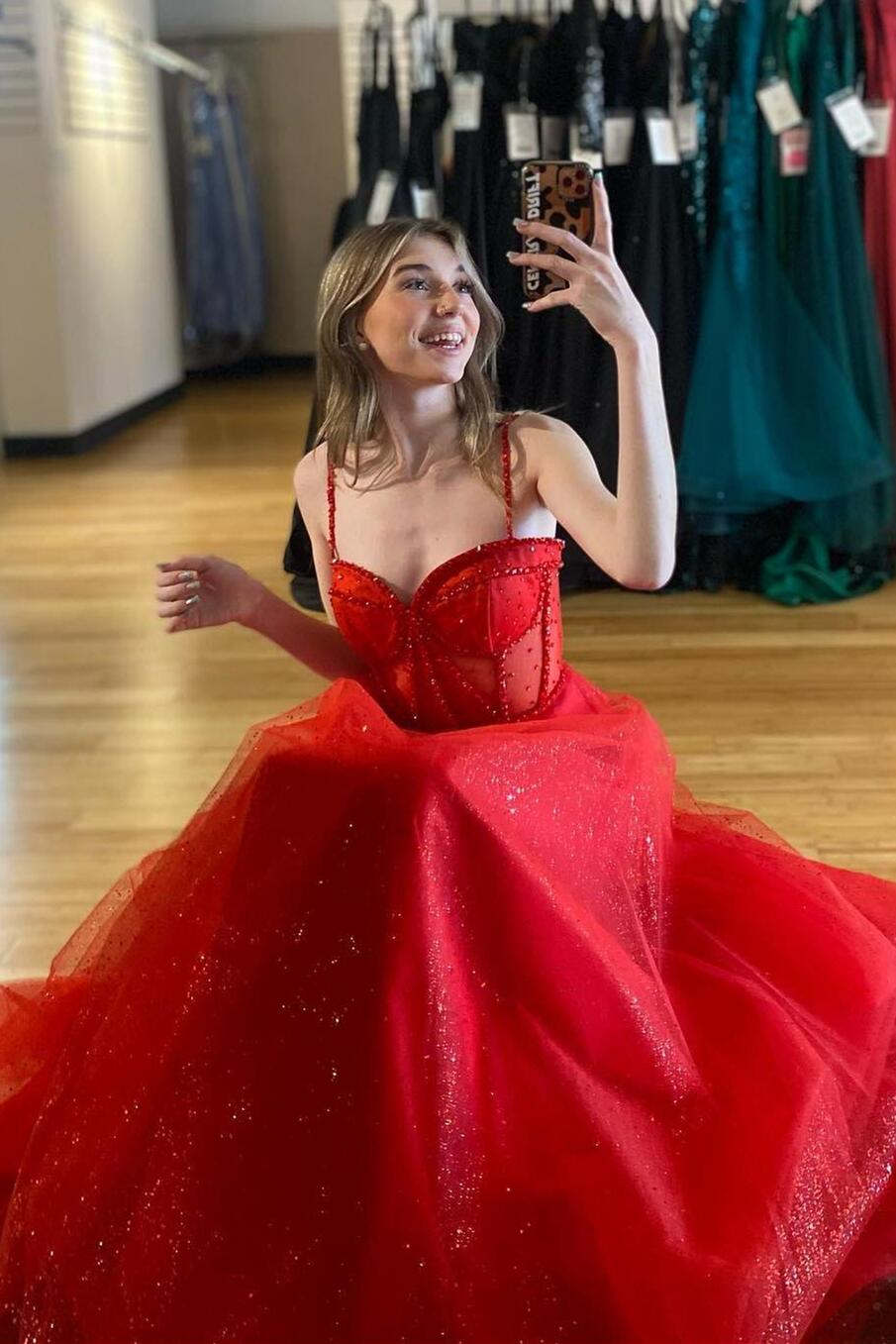 Glitter Red Straos Beaded A-Line Formal Dress with Slit