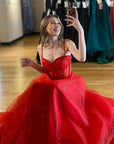 Glitter Red Straos Beaded A-Line Formal Dress with Slit