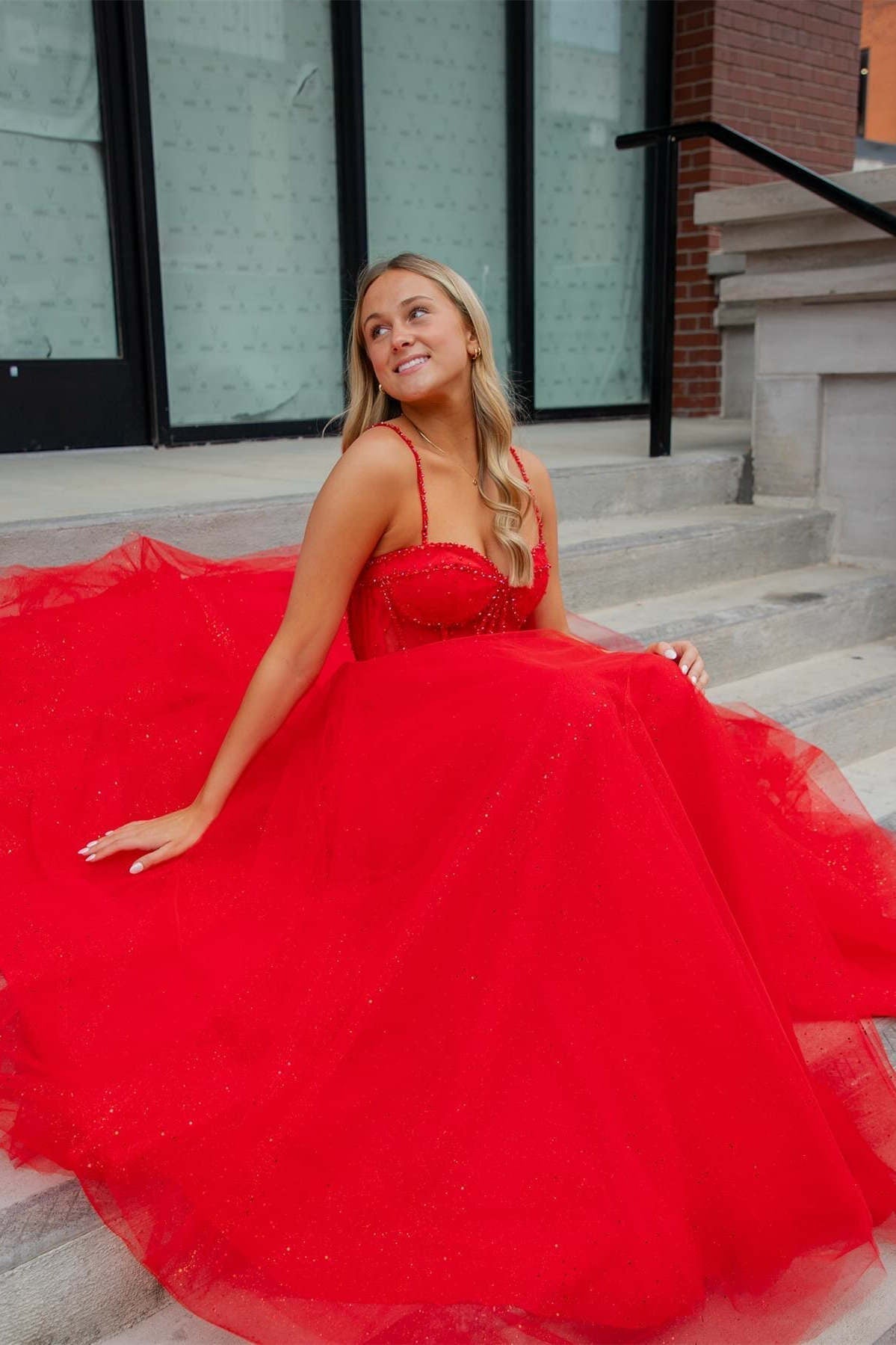 Glitter Red Straos Beaded A-Line Formal Dress with Slit