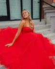 Glitter Red Straos Beaded A-Line Formal Dress with Slit