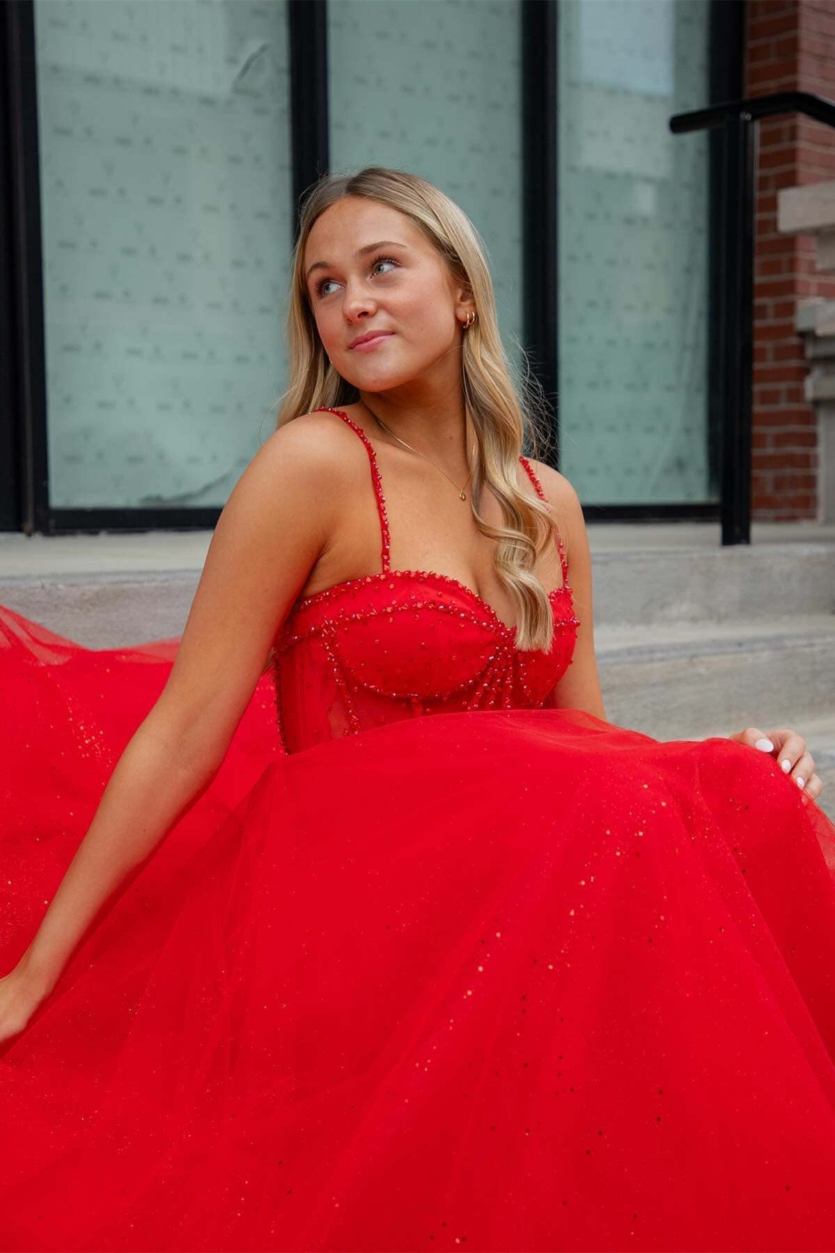 Glitter Red Straos Beaded A-Line Formal Dress with Slit