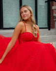 Glitter Red Straos Beaded A-Line Formal Dress with Slit