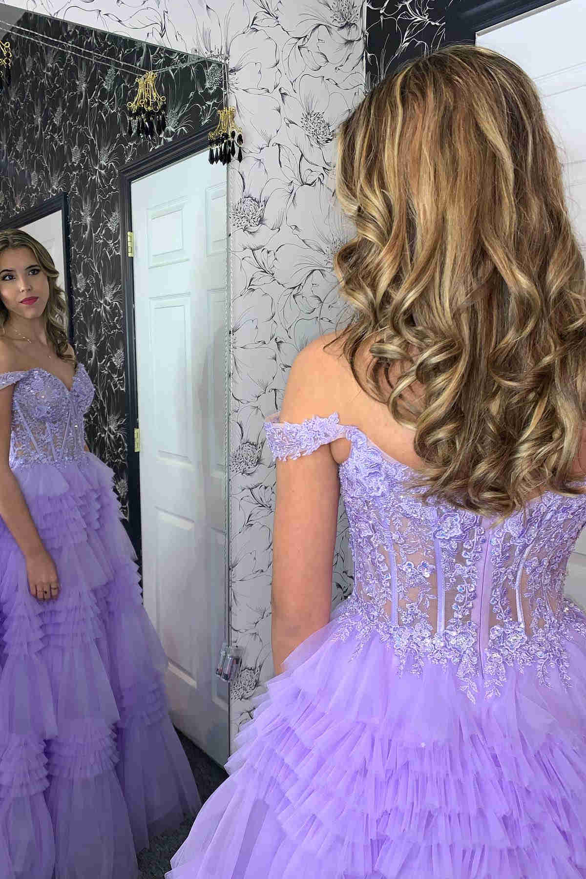 Red Tulle Off-the-Shoulder Ruffle Tiered Long Prom Dress