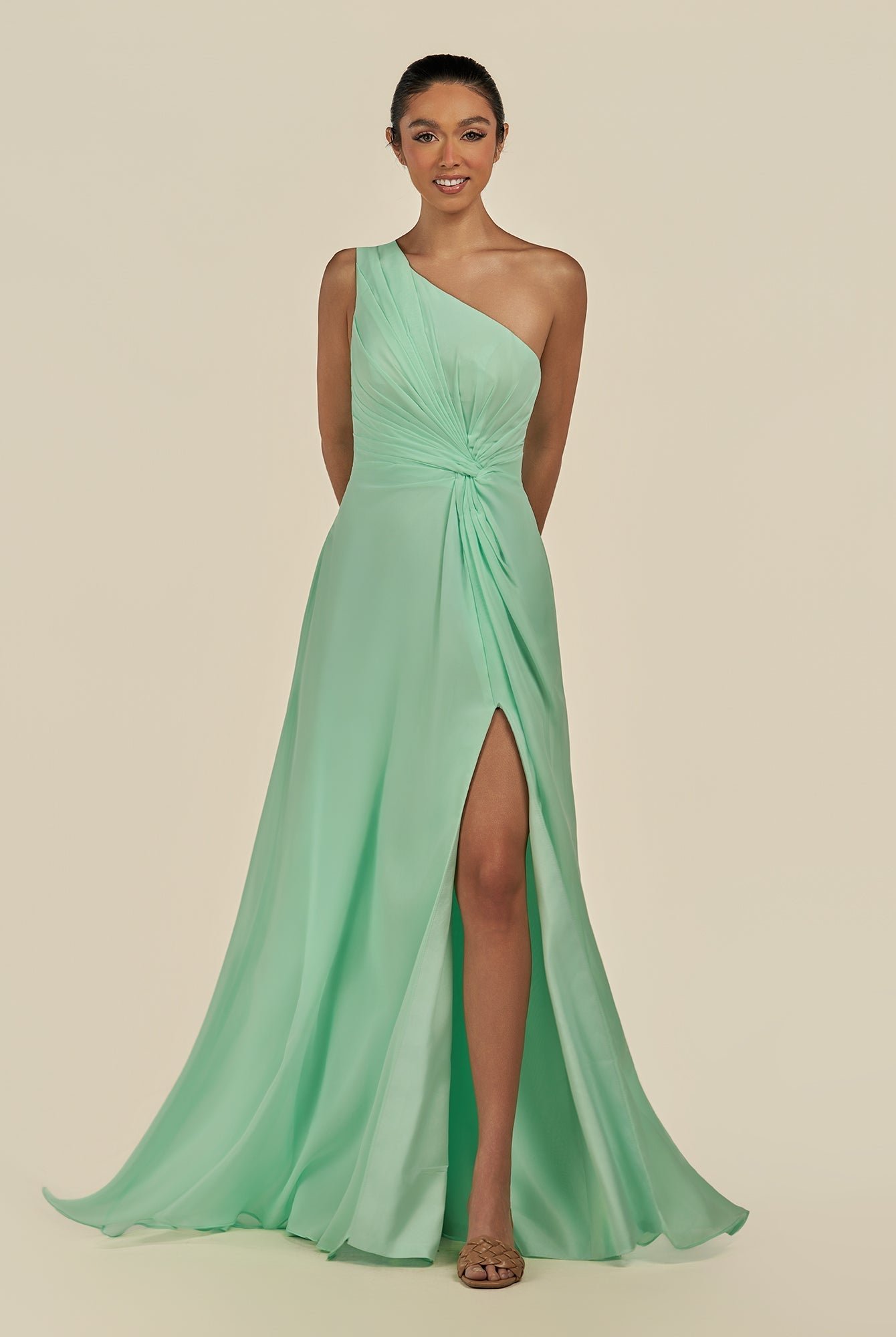 KissDress-Gaela Pale Pistachio A Line One Shoulder Chiffon Pleated Long Bridesmaid Dress with Slit